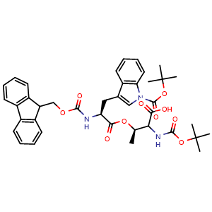 Chemical structure of (2S,3R)-3-{[(2S)-3-{1-[(tert-butoxy)carbonyl]-1H-indol-3-yl}-2-({[(9H-fluoren-9-yl)methoxy]carbonyl}amino)propanoyl]oxy}-2-{[(tert-butoxy)carbonyl]amino}butanoic acid , CAS 944283-42-5, AChemBlock AD286231