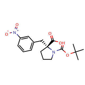 Chemical structure of (R)-1-(tert-butoxycarbonyl)-2-(3-nitrobenzyl)pyrrolidine-2-carboxylic acid , CAS 959582-68-4, AChemBlock AD286237