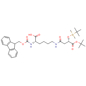 Chemical structure of Fmoc-N6-((S)-Mal(TBDMS)-1-OtBu-4-acyl)-L-Lys-OH , AChemBlock AD286366