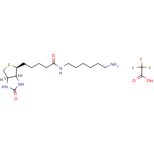 Chemical structure of N-(6-Aminohexyl)-5-(2-oxohexahydro-1H-thieno[3,4-d]imidazol-4-yl)pentanamide 2,2,2-trifluoroacetate , CAS 947750-21-2, AChemBlock AD286618