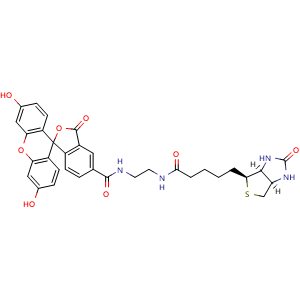 Chemical structure of Biotin-4-fluorescein , CAS 1032732-74-3, AChemBlock AD286619