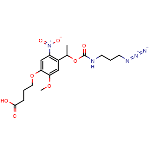 Chemical structure of 4-(4-(1-(((3-Azidopropyl)carbamoyl)oxy)ethyl)-2-methoxy-5-nitrophenoxy)butanoic acid , CAS 2561476-41-1, AChemBlock AD286665