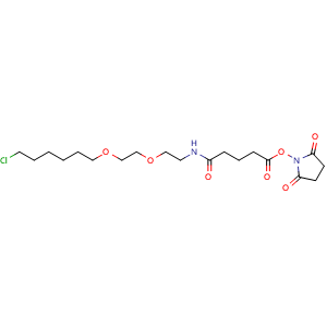 Chemical structure of Cl-C6-PEG2-NHCO-C3-NHS , CAS 2727166-23-4, AChemBlock AD286880