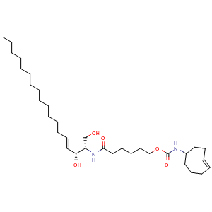 Chemical structure of (E)-Cyclooct-4-en-1-yl (6-(((2S,3R,E)-1,3-dih ydroxyoctadec-4-en-2-yl)amino)-6-oxohexyl) carbamate , CAS 1628040-31-2, AChemBlock AD287030