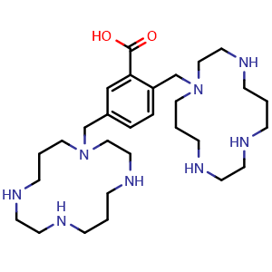 Chemical structure of 2,5-Bis(1,4,8,11-tetraazacyclotetradec-1-ylmethyl)benzoic acid , CAS 172799-77-8, AChemBlock AD287163