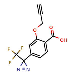Chemical structure of 4-CF3-Diazirine-2-prop-2-yn-1-yloxy-benzoic acid , CAS 2187374-12-3, AChemBlock AD287499