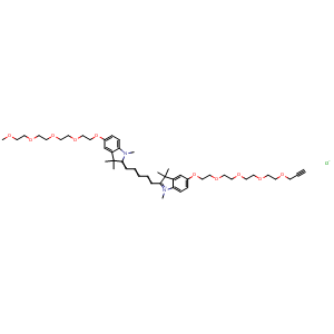 Chemical structure of N-methyl-N'-methyl-O-(m-PEG4)-O'-(propargyl-PEG4)-Cy5 , CAS 2107273-50-5, AChemBlock AD287521