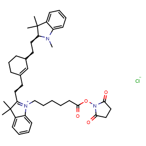 Chemical structure of 1-(6-((2,5-dioxopyrrolidin-1-yl)oxy)-6-oxohexyl)-3,3-dimethyl-2-(2-(3-(2-(1,3,3-trimethylindolin-2-ylidene)ethylidene)cyclohex-1-en-1-yl)vinyl)-3H-indol-1-ium chloride , CAS 1432019-64-1, AChemBlock AD287525