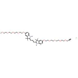 Chemical structure of N-Methyl-N'-methyl-O-(m-PEG4)-O'-(propargyl-PEG4)-Cy3 , CAS 2107273-62-9, AChemBlock AD287529