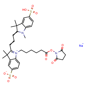 Chemical structure of DiSulfo-Cy3 NHS ester , CAS 1424150-38-8, AChemBlock AD287541