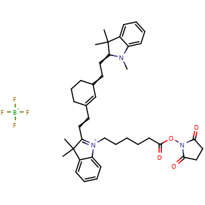 Chemical structure of 1-(6-((2,5-dioxopyrrolidin-1-yl)oxy)-6-oxohexyl)-3,3-dimethyl-2-(2-(3-(2-(1,3,3-trimethylindolin-2-ylidene)ethylidene)cyclohex-1-en-1-yl)vinyl)-3H-indol-1-ium , CAS 2408482-09-5, AChemBlock AD287555