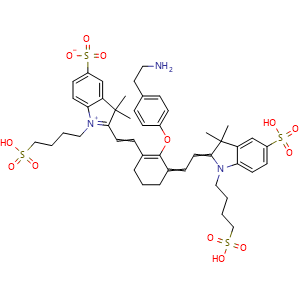 Chemical structure of 2-(2-(2-(4-(2-Aminoethyl)phenoxy)-3-(2-(3,3-dimethyl-5-sulfo-1-(4-sulfobutyl)indolin-2-ylidene)ethylidene)cyclohex-1-en-1-yl)vinyl)-3,3-dimethyl-1-(4-sulfobutyl)-3H-indol-1-ium-5-sulfonate , CAS 1185760-22-8, AChemBlock AD287577