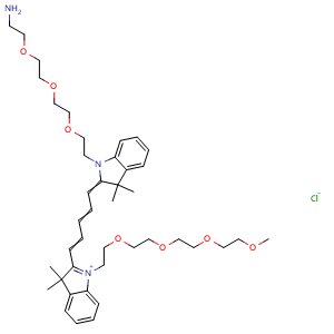Chemical structure of N-(m-PEG4)-N'-(amino-PEG3)-Cy5 , CAS 2107272-96-6, AChemBlock AD287581