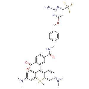 Chemical structure of 4-((4-(((2-Amino-6-(trifluoromethyl)pyrimidin-4-yl)oxy)methyl)benzyl)carbamoyl)-2-(7-(dimethylamino)-3-(dimethyliminio)-5,5-dimethyl-3,5-dihydrodibenzo[b,e]silin-10-yl)benzoate , AChemBlock AD287687