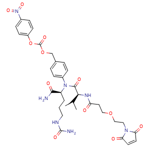 Chemical structure of Mal-PEG1-Val-Cit-PAB-PNP , CAS 2249935-92-8, AChemBlock AD287699