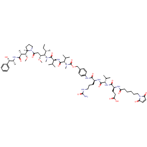 Chemical structure of MC-EVCit-PAB-MMAE , CAS 2873452-49-2, AChemBlock AD287720