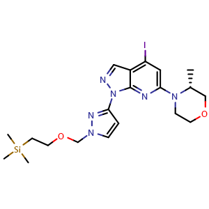 Chemical structure of 1H-Pyrazolo[3,4-b]pyridine, 4-iodo-6-[(3R)-3-methyl-4-morpholinyl]-1-[1-[[2-(trimethylsilyl)ethoxy]methyl]-1H-pyrazol-3-yl] , CAS 2417489-97-3, AChemBlock AD287752