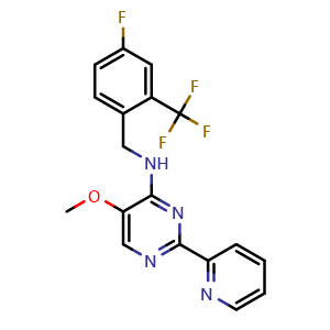 Chemical structure of N-[[4-Fluoro-2-(trifluoromethyl)phenyl]methyl]-5-methoxy-2-(2-pyridinyl)-4-pyrimidinamine , CAS 1393999-79-5, AChemBlock AD287808