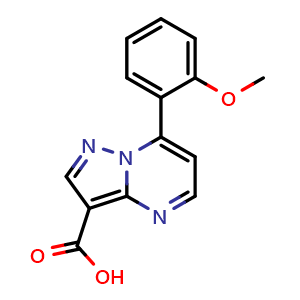 Chemical structure of 7-(2-Methoxyphenyl)pyrazolo[1,5-a]pyrimidine-3-carboxylic acid , CAS 1707735-53-2, AChemBlock AD287831