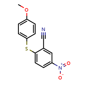 Chemical structure of 2-((4-Methoxyphenyl)thio)-5-nitrobenzonitrile , CAS 306980-91-6, AChemBlock AD287844