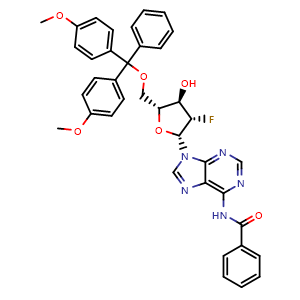 Chemical structure of N-(9-((2R,3S,4R,5R)-5-((Bis(4-methoxyphenyl)(phenyl)methoxy)methyl)-3-fluoro-4-hydroxytetrahydrofuran-2-yl)-9H-purin-6-yl)benzamide , CAS 226415-08-3, AChemBlock AD287857