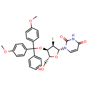 Chemical structure of 1-((2R,3R,4R,5R)-4-(Bis(4-methoxyphenyl)(phenyl)methoxy)-3-fluoro-5-(hydroxymethyl)tetrahydrofuran-2-yl)pyrimidine-2,4(1H,3H)-dione , CAS 2305979-77-3, AChemBlock AD287858