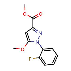 Chemical structure of 1-(2-fluorophenyl)-5-methoxy-1H-pyrazole-3-carboxylic acid methyl ester , CAS 1318789-61-5, AChemBlock AD287865
