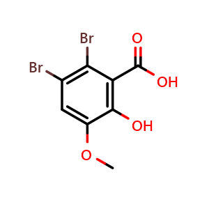 Chemical structure of 2,3-Dibromo-6-hydroxy-5-methoxybenzoic acid , CAS 35093-66-4, AChemBlock AD287881