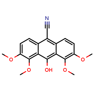 Chemical structure of 10-Hydroxy-3,4,5,6-tetramethoxyanthracene-9-carbonitrile , CAS 133101-19-6, AChemBlock AD287887