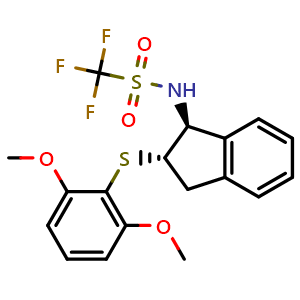 Chemical structure of N-((1S,2S)-2-((2,6-Dimethoxyphenyl)thio)-2,3-dihydro-1H-inden-1-yl)-1,1,1-trifluoromethanesulfonamide , CAS 2102520-58-9, AChemBlock AD287919