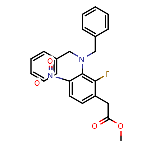 Chemical structure of Methyl 2-[3-(Dibenzylamino)-2-fluoro-4-nitrophenyl]acetate , CAS 2724206-53-3, AChemBlock AD287946