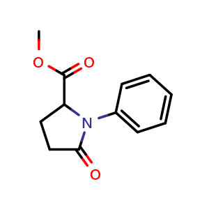Chemical structure of methyl 5-oxo-1-phenylpyrrolidine-2-carboxylate , CAS 146500-35-8, AChemBlock AD287951