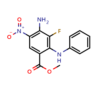 Chemical structure of Methyl 4-amino-3-fluoro-5-nitro-2-(phenylamino)benzoate , CAS 606093-58-7, AChemBlock AD287988