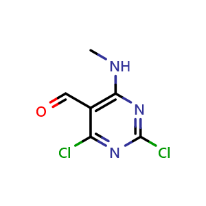 Chemical structure of 2,4-Dichloro-6-(methylamino)pyrimidine-5-carbaldehyde , CAS 1007197-30-9, AChemBlock AD288040