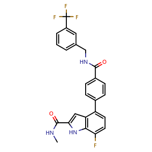 Chemical structure of 7-Fluoro-N-methyl-4-[4-[[3-(trifluoromethyl)benzyl]carbamoyl]phenyl]-1H-indole-2-carboxamide , CAS 3067524-14-2, AChemBlock AD288045
