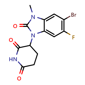 Chemical structure of 3-(5-Bromo-6-fluoro-3-methyl-2-oxo-2,3-dihydro-1H-benzo[d]imidazol-1-yl)piperidine-2,6-dione , CAS 2912303-48-9, AChemBlock AD288071