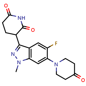 Chemical structure of 3-[5-fluoro-1-methyl-6-(4-oxopiperidin-1-yl)-1H-indazol-3-yl]piperidine-2,6-dione , CAS 3085996-82-0, AChemBlock AD288072