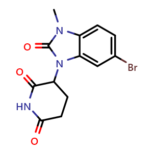 Chemical structure of 3-(6-Bromo-3-methyl-2-oxo-2,3-dihydro-1H-benzo[d]imidazol-1-yl)piperidine-2,6-dione , CAS 2434847-96-6, AChemBlock AD288082