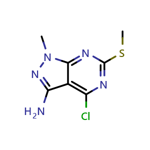 Chemical structure of 4-Chloro-1-methyl-6-(methylthio)-1H-pyrazolo[3,4-d]pyrimidin-3-amine , CAS 627060-62-2, AChemBlock AD288084