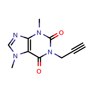 Chemical structure of 3,7-dimethyl-1-(prop-2-yn-1-yl)-3,7-dihydro-1H-purine-2,6-dione , CAS 14114-46-6, AChemBlock AD288085