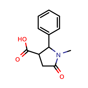Chemical structure of 1-Methyl-5-oxo-2-phenylpyrrolidine-3-carboxylic acid , CAS 72704-31-5, AChemBlock AD288106
