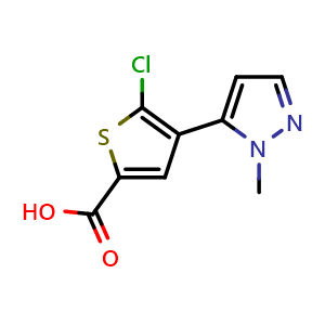 Chemical structure of 5-Chloro-4-(1-methyl-1H-pyrazol-5-yl)thiophene-2-carboxylic acid , CAS 1047630-55-6, AChemBlock AD288111