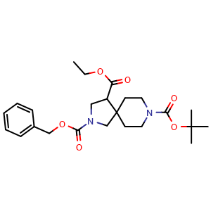 Chemical structure of 2-benzyl 8-tert-butyl 4-ethyl 2,8-diazaspiro[4.5]decane-2,4,8-tricarboxylate , CAS 1160246-83-2, AChemBlock AD288209