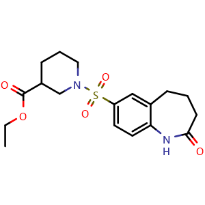Chemical structure of Ethyl 1-((2-oxo-2,3,4,5-tetrahydro-1H-benzo[b]azepin-7-yl)sulfonyl)piperidine-3-carboxylate , CAS 927869-78-1, AChemBlock AD288212