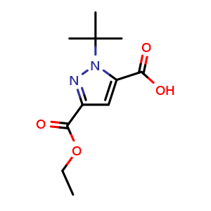 Chemical structure of 2-tert-Butyl-5-ethoxycarbonyl-pyrazole-3-carboxylic acid , CAS 2098857-13-5, AChemBlock AD288217