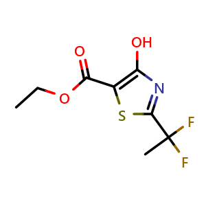Chemical structure of Ethyl 2-(1,1-difluoroethyl)-4-hydroxythiazole-5-carboxylate , CAS 2924153-58-0, AChemBlock AD288260