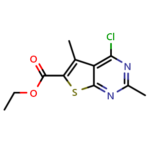 Chemical structure of Ethyl 4-chloro-2,5-dimethylthieno[2,3-d]pyrimidine-6-carboxylate , CAS 148838-70-4, AChemBlock AD288264
