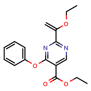 Chemical structure of Ethyl 2-(1-ethoxyvinyl)-4-phenoxypyrimidine-5-carboxylate , CAS 3081343-99-6, AChemBlock AD288280