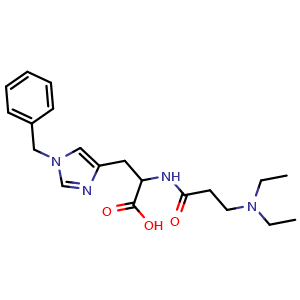 Chemical structure of 3-(1-benzyl-1H-imidazol-4-yl)-2-(3-(diethylamino)propanamido)propanoic acid , CAS 2055839-74-0, AChemBlock AD288291