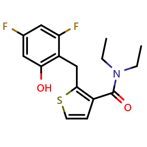 Chemical structure of 2-(2,4-Difluoro-6-hydroxybenzyl)-N,N-diethylthiophene-3-carboxamide , CAS 2971747-00-7, AChemBlock AD288293